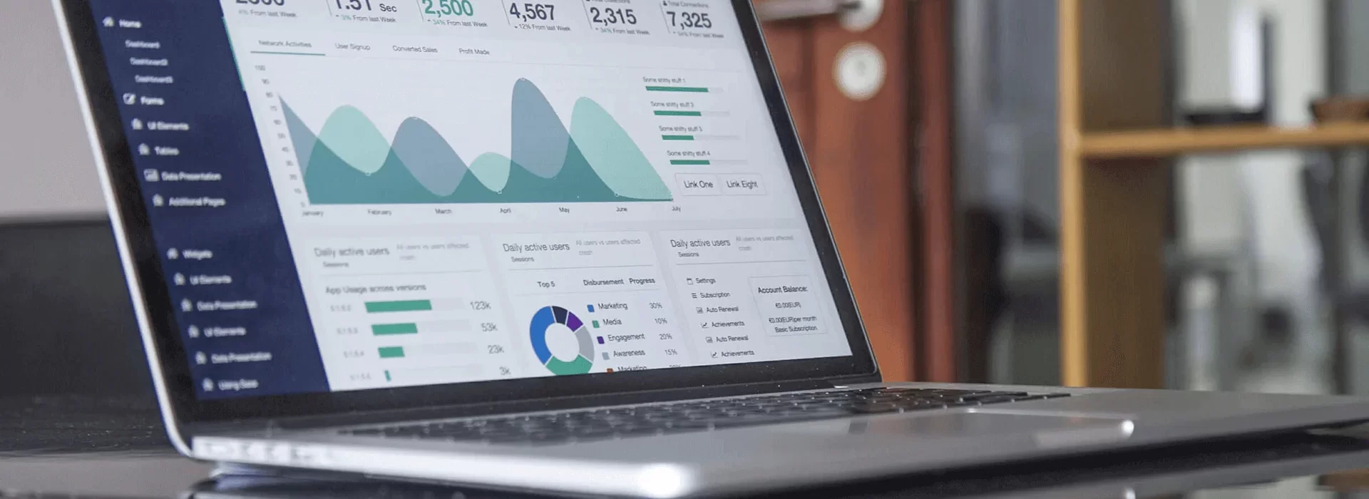 A laptop sits on a desk displaying data analytics on the screen. The dashboard shows various graphs, charts, and statistics, including a line graph, bar charts, and a pie chart, all depicting numerical data and trends.
