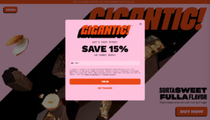 chocolate website with pop-up showing discount