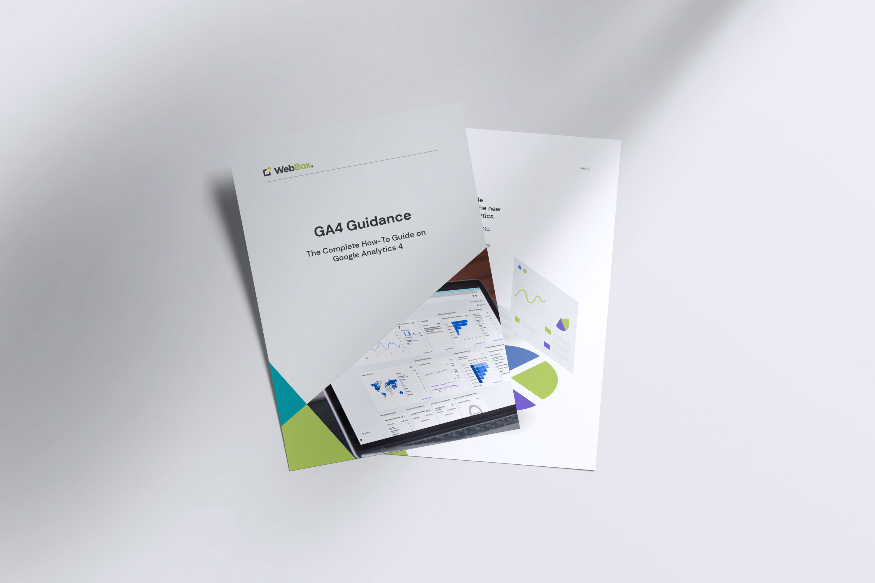 Two overlapping printed documents, the top one titled "GA4 Guidance: The Complete Starter's Guide on Google Analytics 4". A segment of charts and graphs is visible on the document below.