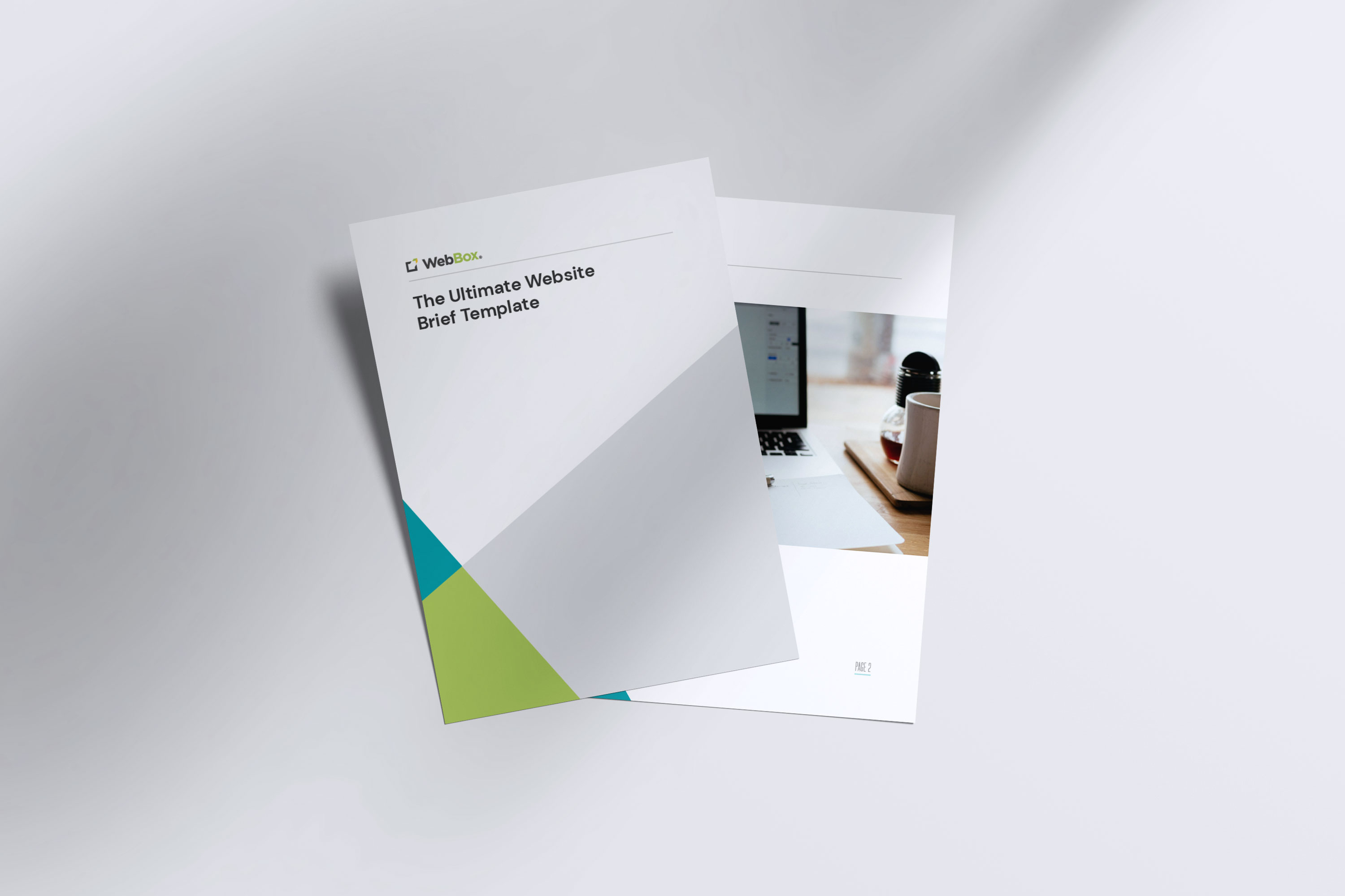 Two documents: a cover titled "The Ultimate Website Brief Template" with a geometric design, and a document showing an office scene with a laptop and a coffee cup.