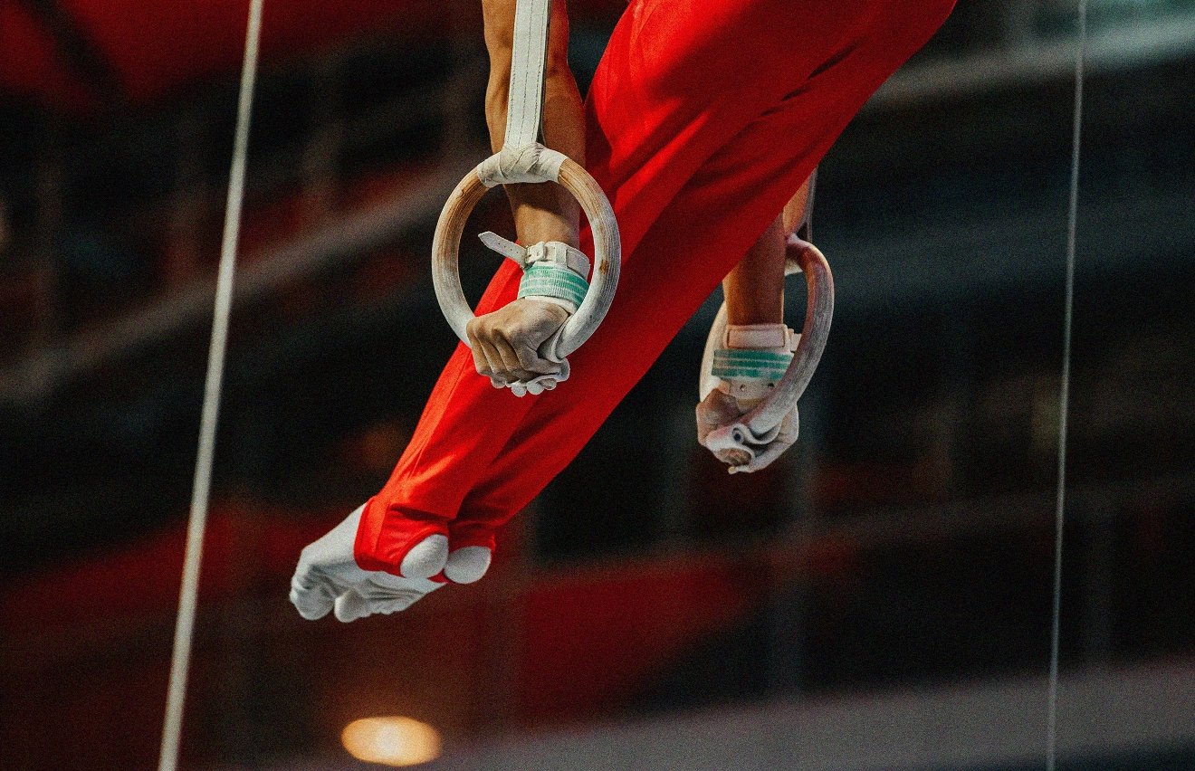 A gymnast in red pants performs on the still rings, gripping the apparatus with both hands mid-routine.