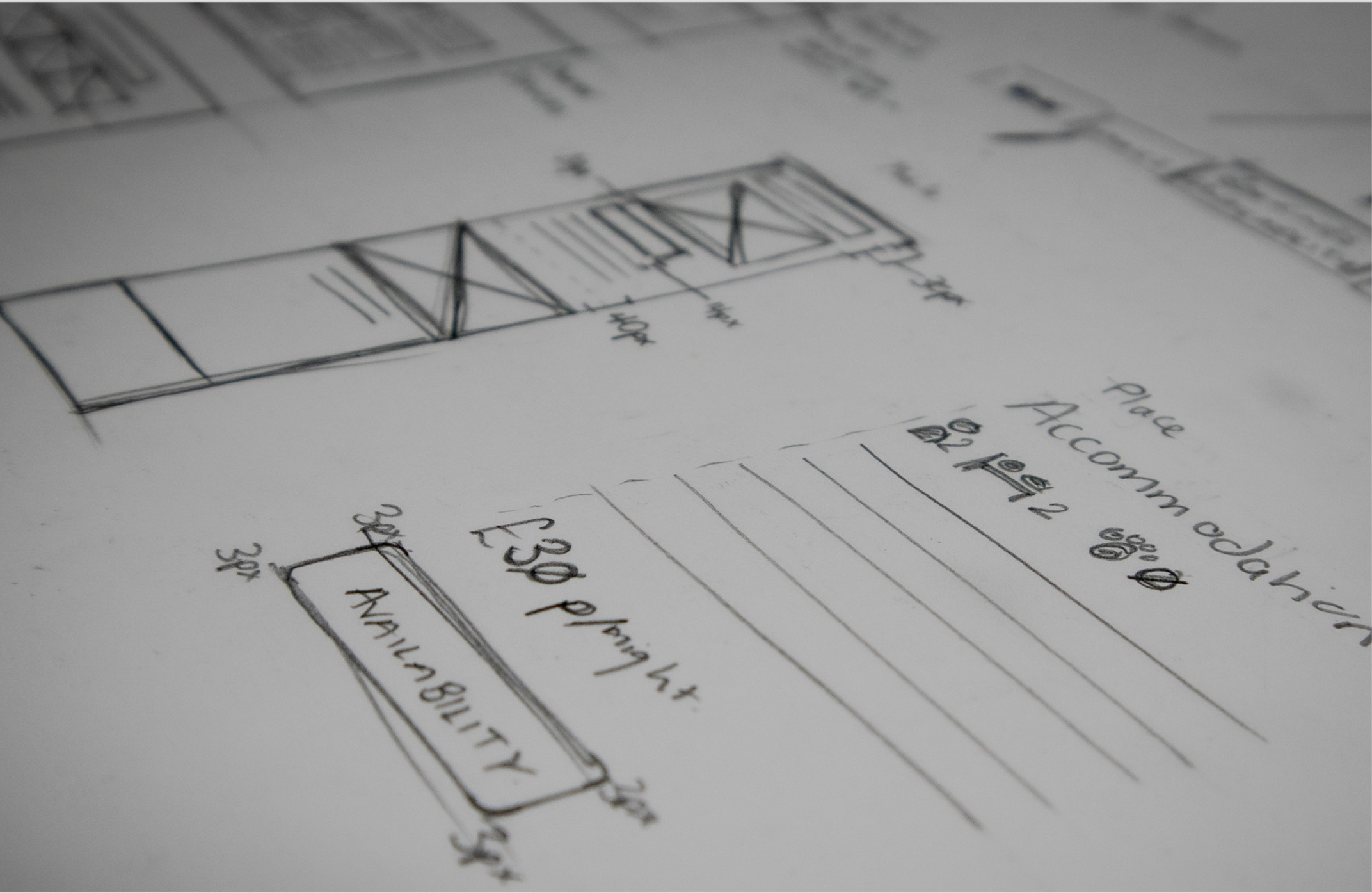 Close-up of a hand-drawn website layout sketch on white paper, featuring sections for 'Availability,' 'Accommodation,' and various placeholders for text and images.