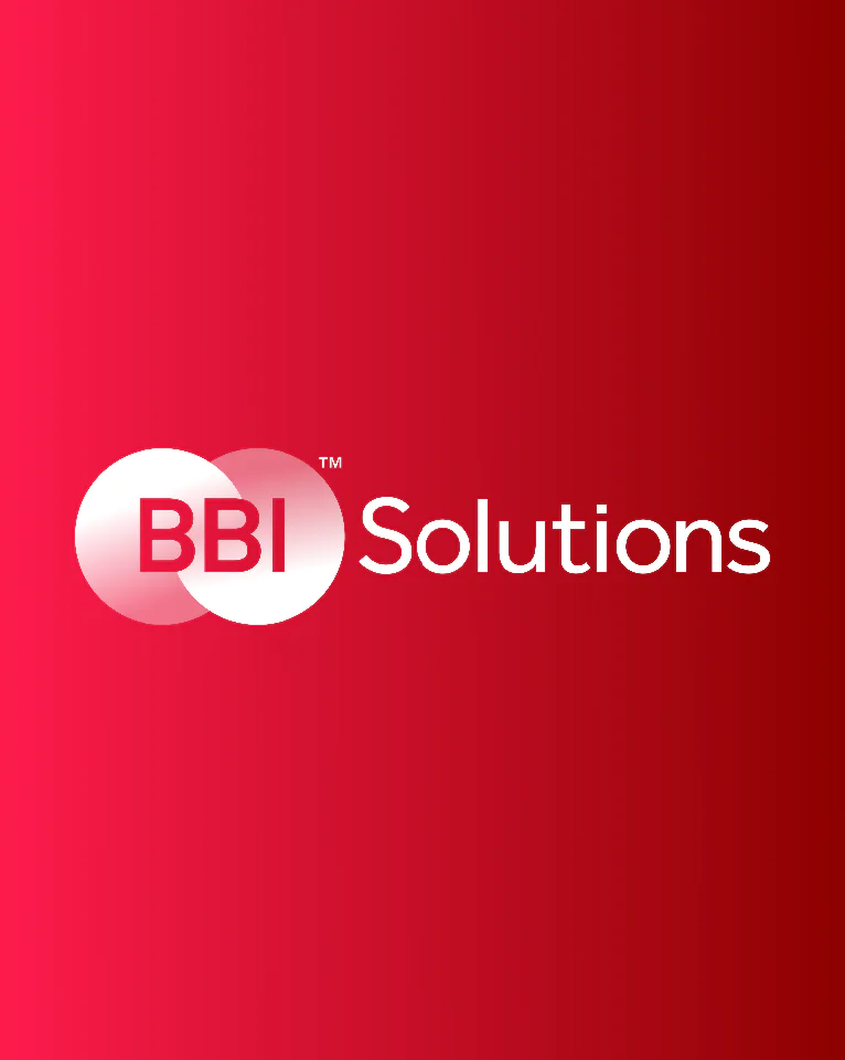 BBI Solutions logo featuring overlapping circles with "BBI" in the left circle and "Solutions" to the right, set against a gradient red background.