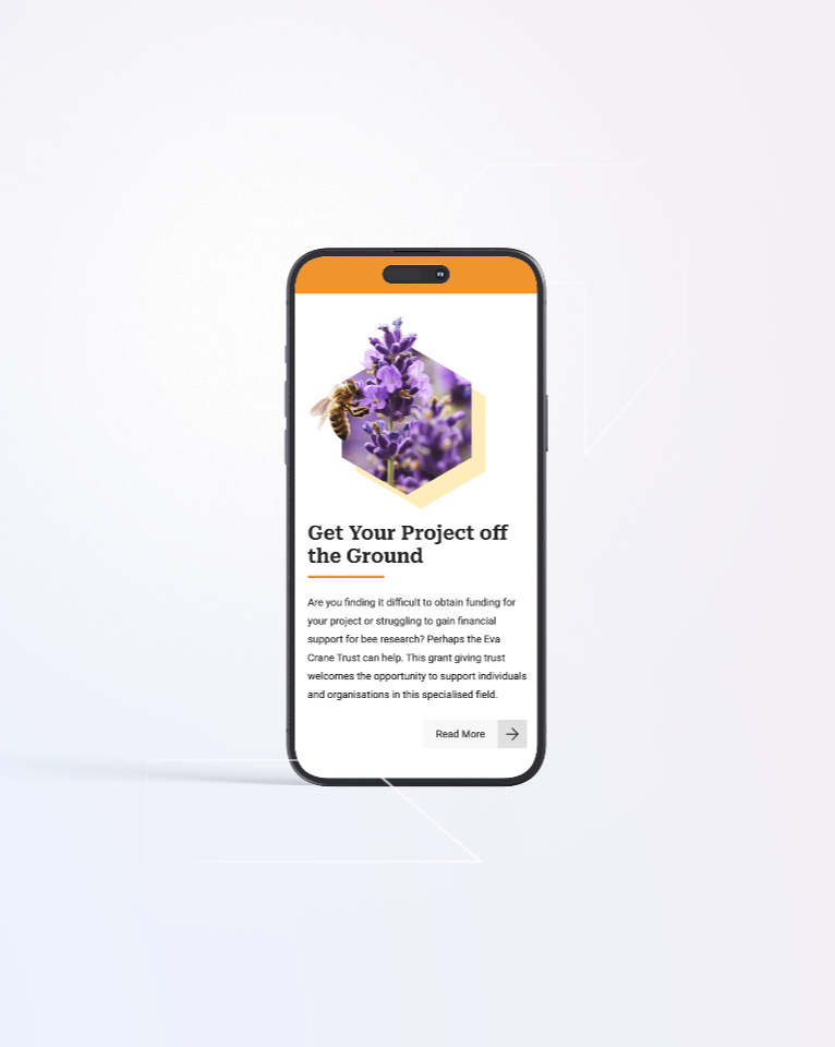 Smartphone displaying a webpage with a bee and purple flowers image, heading “Get Your Project off the Ground,” and a paragraph of text. There is a "Read More" button at the bottom of the screen.