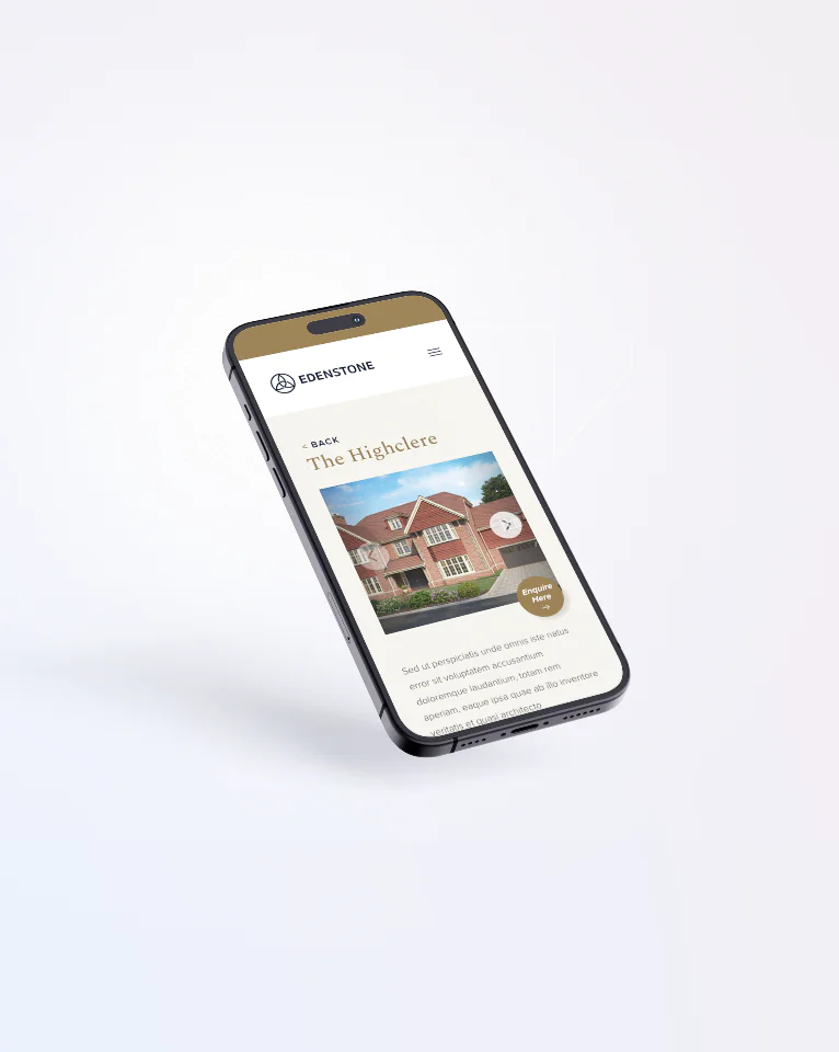 A smartphone displaying a real estate website with a featured property named "The Highclere" and navigation options.