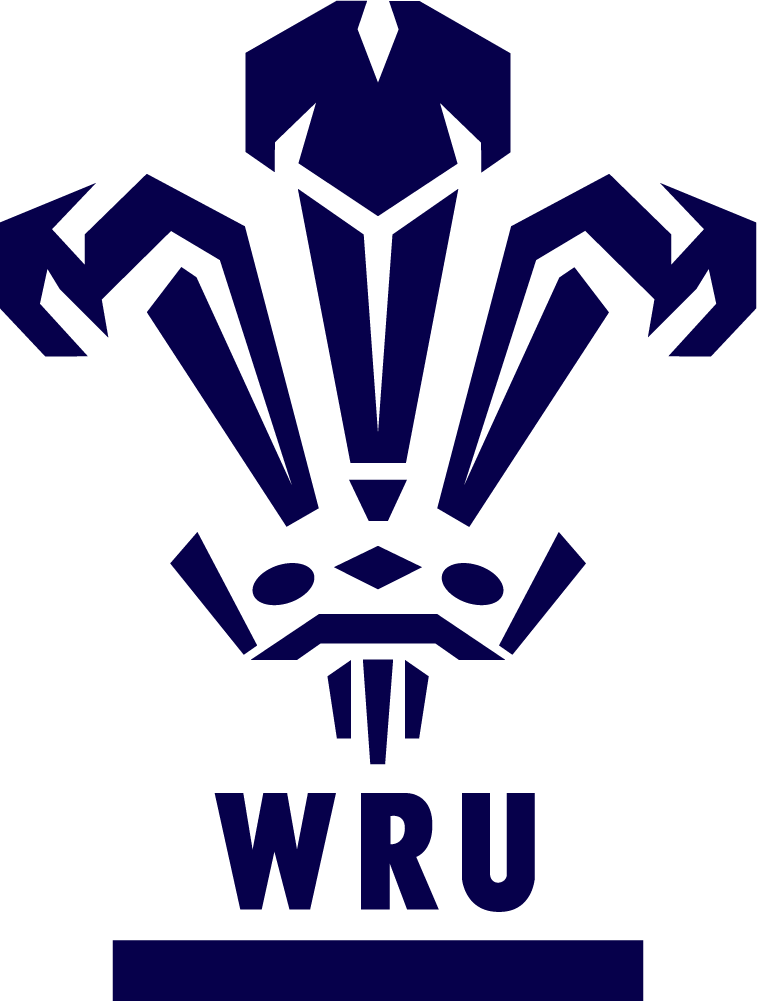 Logo of the Welsh Rugby Union featuring a stylized design resembling three feathers and a crown above the letters "WRU.